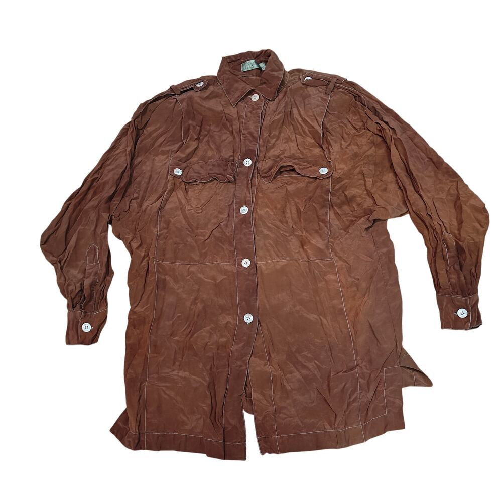 Vintage Linda Allard Ellen Tracy Silk Shirt Brown Silk Shirt Womens 10